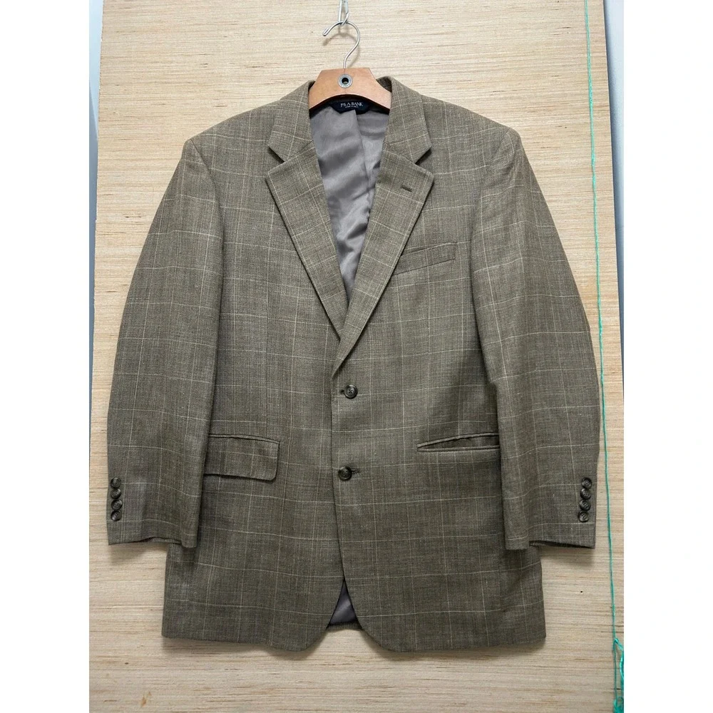 Jos A Bank Mens Tan Brown Windowpane Plaid Sport Coat‎ Blazer Jacket Size 44R